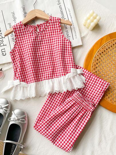 Genkimix Kids Set de 2 piezas con parte superior sin mangas casual con decoración de lazo + pantalones rectos a cuadros para niña joven