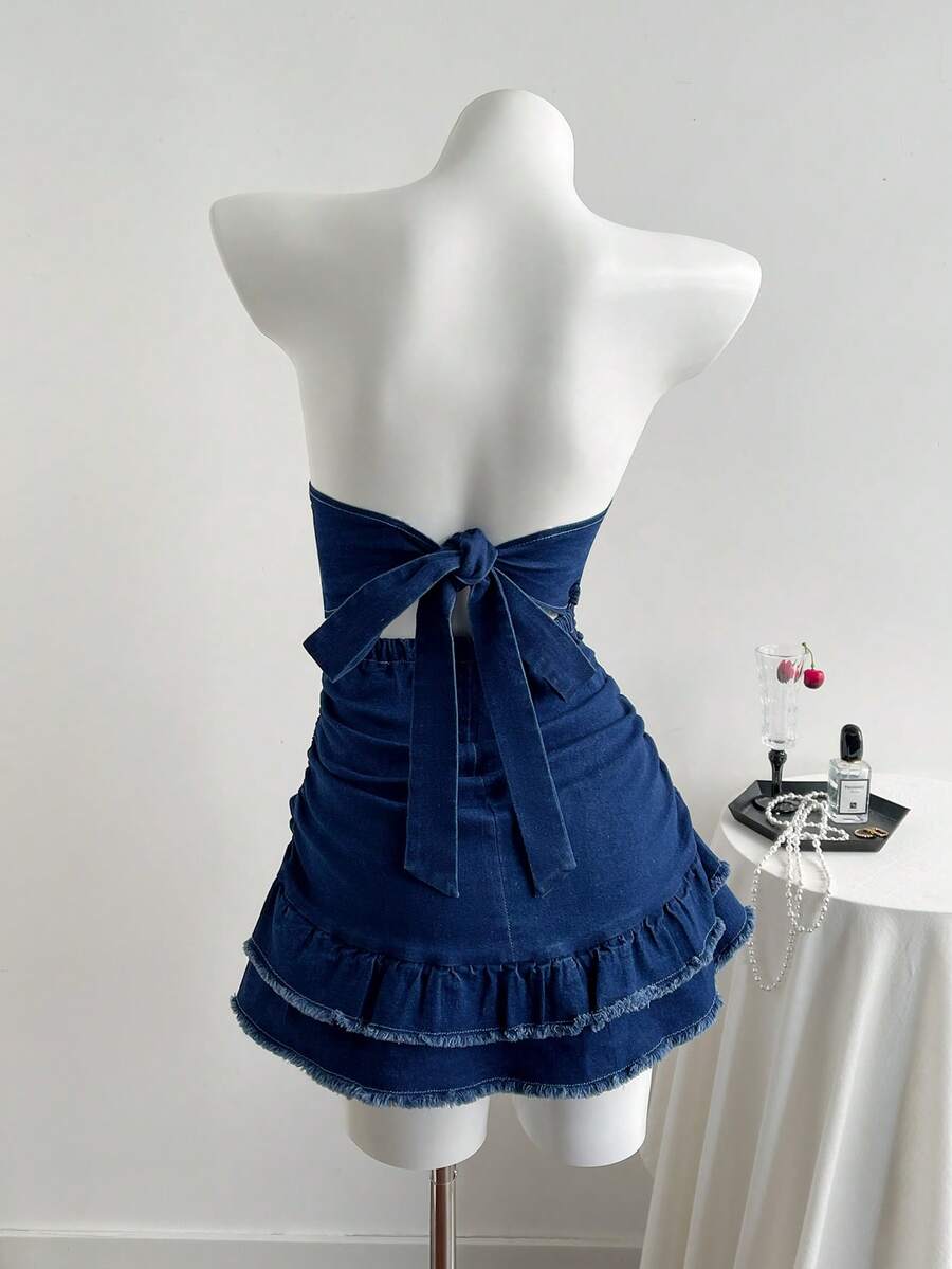 SHEIN Fitted Strapless Bow Tiered Denim Mini Dress - Blue - View 1