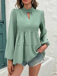 SHEIN Clasi Keyhole Neckline Bishop Sleeve Peplum Blouse Peplum Top - Mint Green - View 6