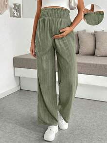 SHEIN Maternity Solid Color Pleated Casual Versatile Palazzo Pants For Daily Wear - Green - View 7