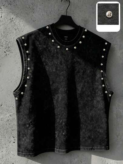 Manfinity EMRG Men's Summer Casual Black Silver Metal Studs Studded Rivet Beaded Armhole Trim Solid Plain Sleeveless Tank Top Muscle Tee Vest Vintage Streetwear Goth Gothic Punk Rock Biker Dark Style Y2K 2000s Style Acid Wash Distressed Going Out Club Party Concert Festival Rave Coachella Crew Neck Oversized Loose Fit Breathable Top,Men's Rivet Design Round Neck Casual Versatile Tank Top