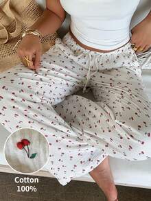 SHEIN EZwear Quần ống rộng thắt eo in họa tiết, chất liệu dệt màu trắng dành cho nữ. - trắng - Xem 9