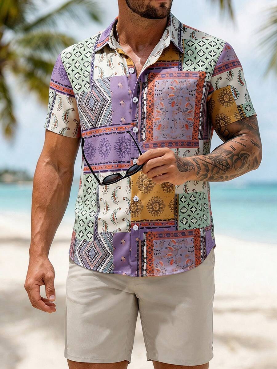 Manfinity RSRT Set casual da uomo per vacanze, composto da camicia con stampa patchwork e pantaloncini, 2 pezzi (taglio irregolare) - Multicolore - Visualizzare 1
