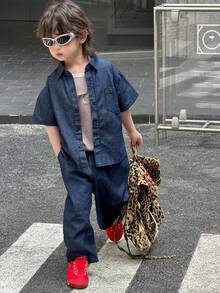 DAZY 男童短袖衬衫和牛仔裤套装 - 藍色 - 查看 5