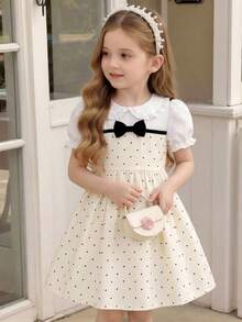Young Girl Wavy Element Front Bow Tie Dress - Multicolor - View 2