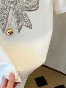 Áo thun ngắn tay cho bé gái, ôm sát, thiết kế nơ đính đá dễ thương, áo trắng đa năng dễ phối đồ, thích hợp cho các hoạt động ngoài trời, mùa xuân/hè. - trắng - Xem 4