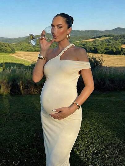MaterniChic Maternity Solid Color Ruched Fitted Elegant One-Shoulder Dress Summer Outfits Beige Maternity Dress Pregnancy Dress One Shoulder Maternity Dress Wedding Guest Dress  Elegant Dresses Yellow Dress
