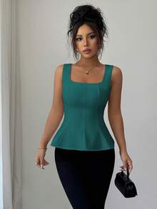 Elenzga 女士优雅方领无袖开衩上衣，适合办公室、通勤、下午茶、派对、度假、休闲穿着 - 墨綠色 - 查看 3