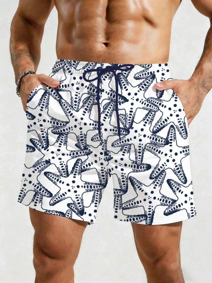 ZELFYO Quần short đi biển nam kiểu dáng thường ngày in hình sao biển - Đen và trắng - Xem 1