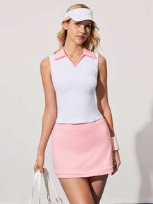 CourtClass Women's Sleeveless Fitted Pink & White Tennis Sports Polo Shirt Tennis Top For Women's For Women Sleeveless Polo Top Golf Tops For Women Tops For Women Summer Tennis Tops For Women Golf Shirts For Women Tops For Women Summer Cute Pink Golf Outfit Sport Top Sport Tops For Women - White - View 5