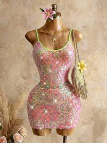 Mistrie Women's Fashion Sexy Sequin Spaghetti Strap Mini Dress - Multicolor - View 4