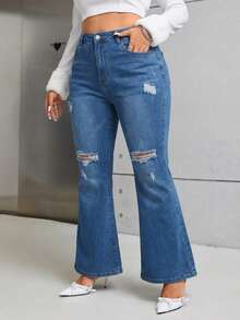 EURMUSE Plus Size Women Pocket Button Distressed Casual Versatile Daily Wear Flare Leg Jeans - Medium Wash - View 3