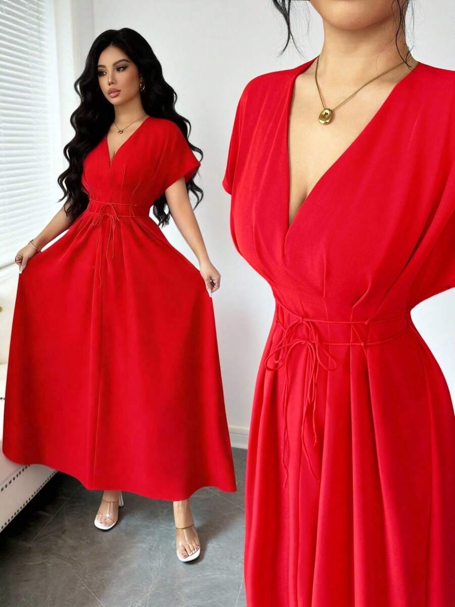 SHEIN Elenzya New Spring/Summer Elegant Casual Beach Resort Fashion French Retro Red V-Neck Ruffled Drawstring Waist Flowing Mid-Length Dress With V-Neck + Batwing Sleeve Design, Flattering Neckline Shape Waist Drawstring Tie Design, Can Be Adjusted Freely For Tightness/Looseness, Precisely Ties Waist. Suitable For Dates, Commuting Or Formal Occasions. Wedding Groomsmen Dress, Birthday Party, Date, Commuting, Vacation Ankle Length Dress Women's Red Dress Red Elegant Dress Red Maxi Dress Red Long Dress Women E - Red - View 1