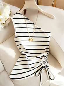 GlowEve Women's Striped Sleeveless Side Drawstring Casual Top - Black and White - View 1