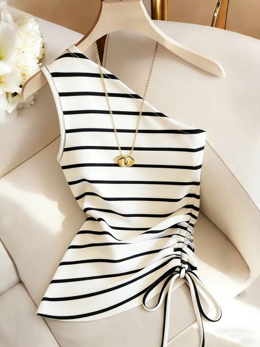 GlowEve Women's Striped Sleeveless Side Drawstring Casual Top - Black and White - View 1