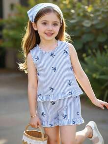 Elladie kids 两件套女童清新甜美公主风蓝白条纹蝴蝶结无袖上衣搭配同款荷叶边运动短裤，蓝白竖条纹，后背饰有藏蓝色蝴蝶结，波浪形下摆，适合日常穿着、春夏郊游、亲子活动、派对、返校季等场合。 - 藍色 - 查看 12