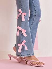 SHEIN X Care Bears Women's Cartoon Pattern Contrast Color Bow Denim Jeans - Blue - View 8