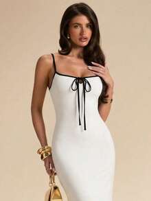 SHEIN BAE Robe longue en tricot élégante, minimaliste en blanc unicolore ou noir et blanc, coupe slim, légère, convenant pour le printemps/été, la rentrée, la remise des diplômes, les invités de mariage, les vacances à la plage, les occasions formelles. Robe minimaliste blanche unie, légère, coupe slim, convenant pour le printemps/été, la rentrée, la remise des diplômes, les invités de mariage, les vacances à la plage, les occasions formelles. - Blanc - Voir 6