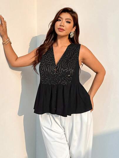 Auralis 大码女式V领无袖上衣，饰有圆形图案