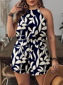 SHEIN VCAY Plus Size Colorblock Print Sleeveless Jumpsuit - Navy Blue - View 3