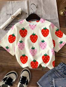 Camiseta de niña preadolescente con estampado de fresa colorido y dulce, con vibra de vacaciones, informal y cómoda, adecuada para primavera/verano, uso diario, vuelta al colegio, a juego con hermanas, vacaciones, Día de San Valentín - Multicolor - Ver 2
