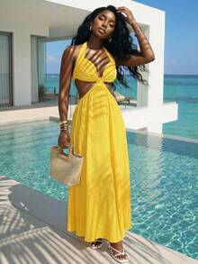 Slaydiva 优雅、浪漫又性感的连衣裙，完美适用于春夏度假、海滩派对、约会、生日派对、婚礼和游艇之旅。采用露背吊带、抹胸、低胸设计，以及飘逸的A字廓形。 - 黃色 - 查看 4