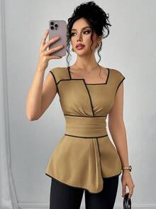 SHEIN Clasi 女士休闲褶裥边饰百搭日常衬衫 - 棕色 - 查看 3