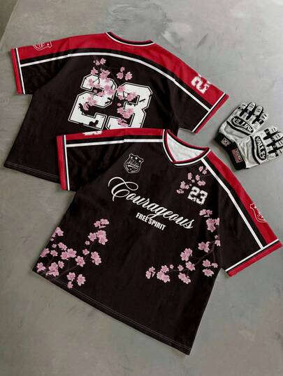 Manfinity EMRG Men's Contrast Color Floral Print V-Neck Mesh T-Shirt