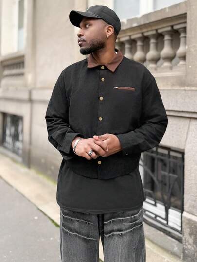 Heavens Edit Men's Contrast Color Lapel Long Sleeve Single-Breasted Casual Shacket