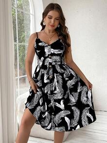 Ceyna Vestido de tiras finas con estampado de plumas para tallas grandes - Multicolor - Ver 3