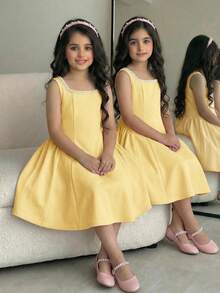 SHEIN Tween Girls' Elegant Beaded Square Neck Yellow Patchwork A-Line Dress With Bow Back - Yellow - View 4