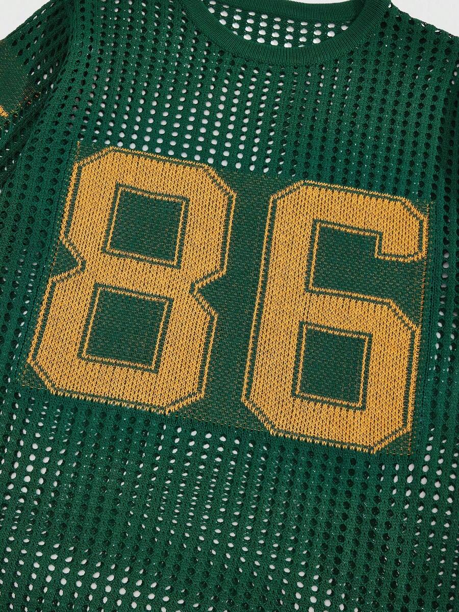 ROMWE MEN Street Life Older Kids' Street Style Jacquard Hollow-Out Knit Top - Dark Green - View 1