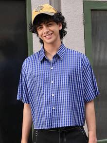 Open Phase 男士前扣格子休闲短袖衬衫，日常穿着 - 藍色 - 查看 1