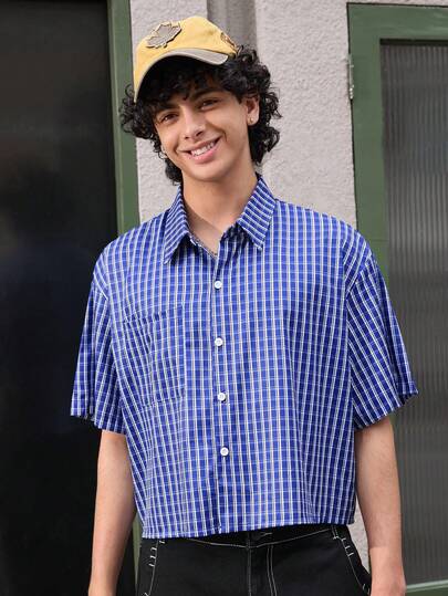 Open Phase 男士前扣格子休闲短袖衬衫，日常穿着