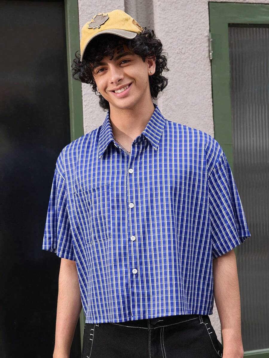 Open Phase 男士前扣格子休闲短袖衬衫，日常穿着 - 藍色 - 查看 1