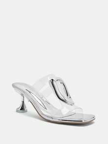 Glitzique Women's Transparent Upper, Silver Kitten Heel High Heels, Silver Metal Buckle Decor Shiny Kitten Heel High Heel Sandals, High Heels/Sexy Party Fashion Elegant Style, Western Wedding Fairy Wedding ABS Plastic (ABS Resin) Rhinestone Mother's Day Lightweight Daily Commute Nightclub Wedding Party Dress Outfit Office Outdoor All Season Slippers,Spring Summer Outfits - Silver - View 9