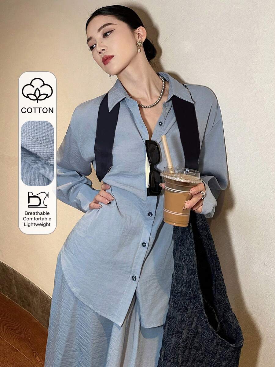 DAZY Bộ đồ nữ gồm áo sơ mi trơn màu và chân váy chữ A, kiểu dáng thường ngày, thích hợp mặc nhà mùa xuân/hè. - Màu xanh lam - Xem 1