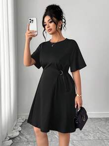 Elenzga Vestido negro elegante y vintage con cintura ceñida, adecuado para el trayecto de primavera/verano - Negro - Ver 4