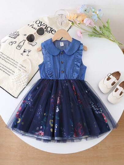 Young Girl' Sleeveless Collared Fashion Elegant Woven Fabric Mesh Patchwork Dress, Suitable For Casual, Outdoor Activities Or Vacation, Comfortable And Stylish Appearance For Spring And Summer