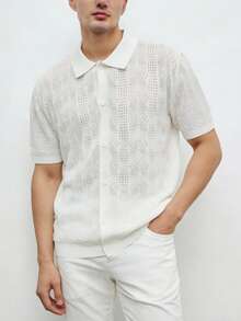 Manfinity Homme Men's Casual Solid Color Hollow-Out Knit Short Sleeve Cardigan, Spring/Summer - Beige - View 4