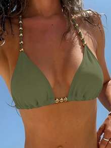 Swim Basics Áo bikini nữ gợi cảm buộc dây cổ, điểm nhấn hạt vàng, hàng mới về mùa hè. - xanh quân đội - Xem 1