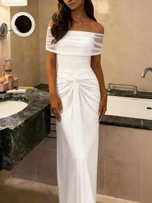 Modelyn Women's Elegant White Summer Formal Dress,Seductive Mesh Patchwork Off-Shoulder Fitted Ruched Ruffle Hem Wedding Guest Birthday Party Dresses - White - View 4