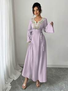 Yasmyna 女款優雅淺藍色刺繡長版阿巴雅洋裝，秋季婚禮賓客V領喇叭袖阿拉伯風保守波西米亞風綁帶收腰洋裝 - 紫色 - 查看 5