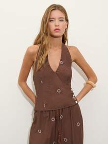 Nöista Two Pieces Set With A Halter V-Neck Top And Matching Wide-Leg Pants In Textured Brown Fabric With Sun Embroidery. . Perfect For Travel, Weekends, And Summer Days, Vacation Outfit, Boho, Festival, Spring, Holiday Look. - Brown - View 3