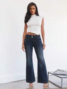 Denimoi Jeans acampanados de tiro bajo con estiramiento, jeans de tiro bajo de moda Y2K, jeans sexy - Azul lavado medio - Ver 5