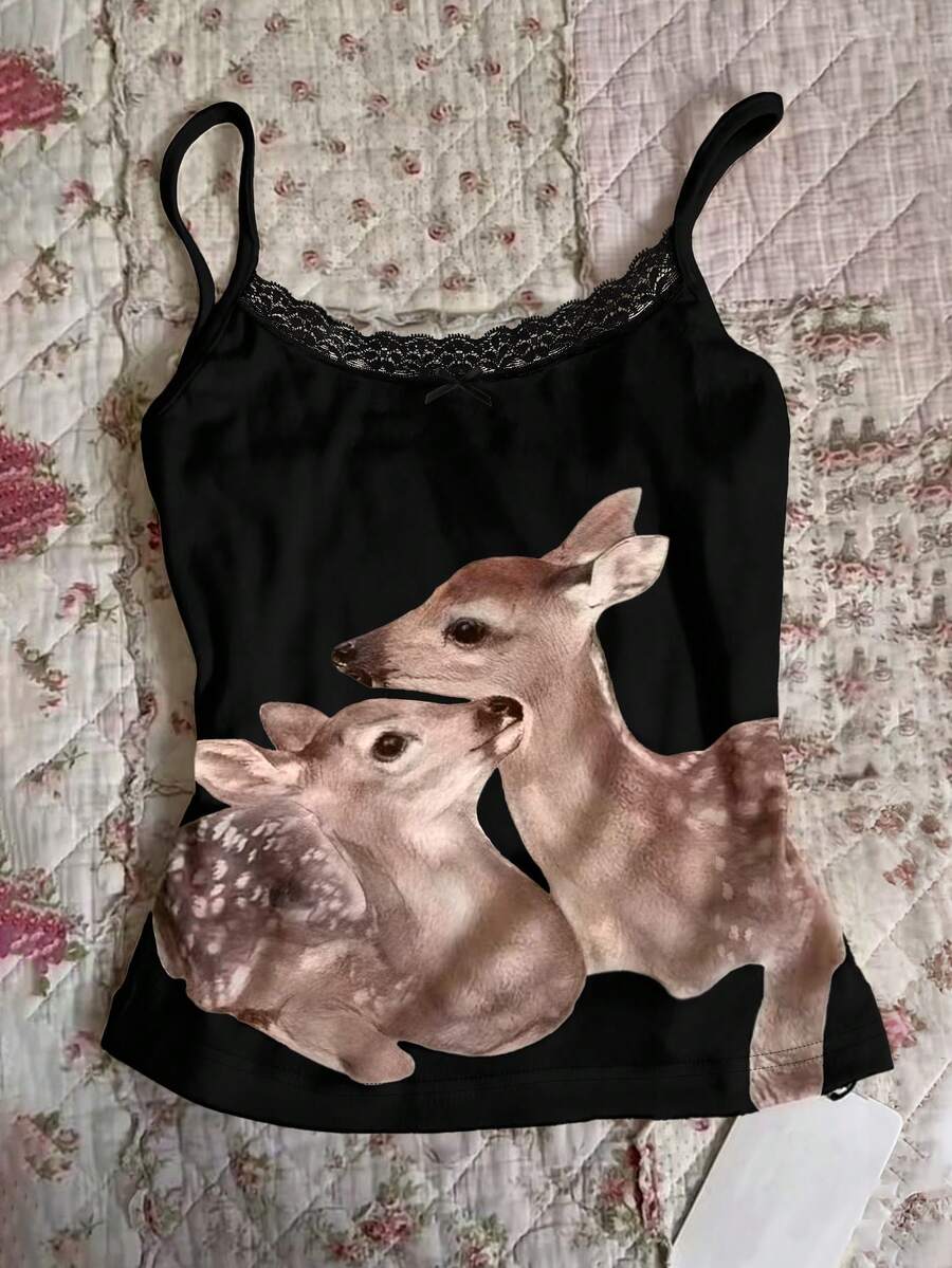 Glimmora Women's Deer Print Contrast Lace Camisole - Multicolor - View 1