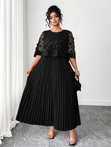 SHEIN PETITE CURVE Plus Size Women Applique Decor Round Neck Elegant Pleated Hem Dress - Black - View 3
