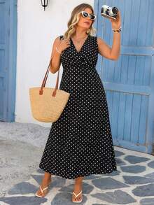 Vivid Eden Plus Size Polka Dot Print Sleeveless Casual Vacation Dress, Wrap Around Dresses For Ladies, Women's Dresses, Midi Dresses, Polka Dot Dress, Sleeveless Dress, Sleeveless Polka Dot Dress, Long Casual Dresses For Women - Black and White - View 4