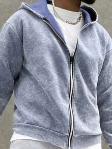 Heavens Edit Hemo, Autumn/Winter "Go With The Flow" Pattern Men's Hoodie Sweatshirt, Slightly Elastic Washed Distressed Cotton Fleece Long Sleeve Zip-Up Jacket, Casual Outdoor Daily Wear Back To School Season - Royal Blue - View 7