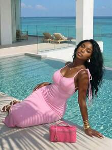 Slaydiva Spring/Summer Fashion: Birthday Party Attire, School Season, Preppy Style, Student Wear, Casual Outings, Basic Versatile, Casual Vacation, Central Travel, Beach, Sunbathing, Backless Mini Dress, Wedding Season, Spaghetti Strap Fitted Mermaid Long Dress - A - Baby Pink - View 4
